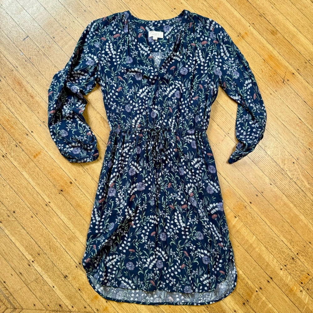 LOFT Floral Dark Blue Dress Pockets & Elastic Draw-String Waist, fits XS-S